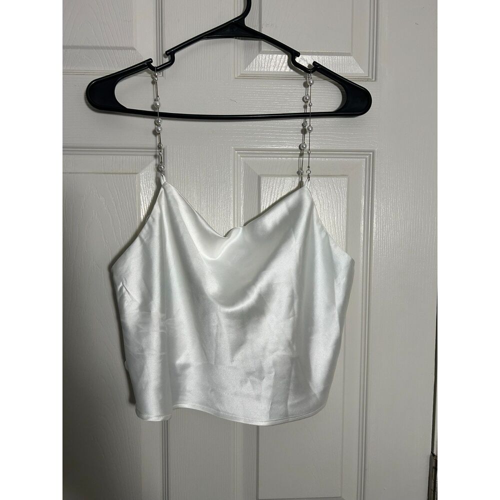Princess Polly White Satin Pearl Beaded Strap Cowl Neck Camisole Top US 6